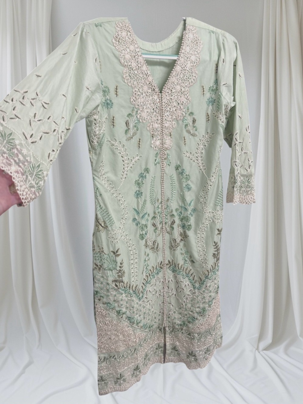Luxury Mint Green Embroidered Pakistani Kurta Size M